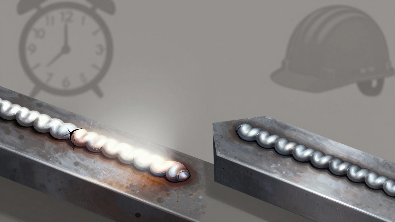 Два шва: один с дефектами, другой идеальный — визуальное сравнение качества сварки на стальном листе.