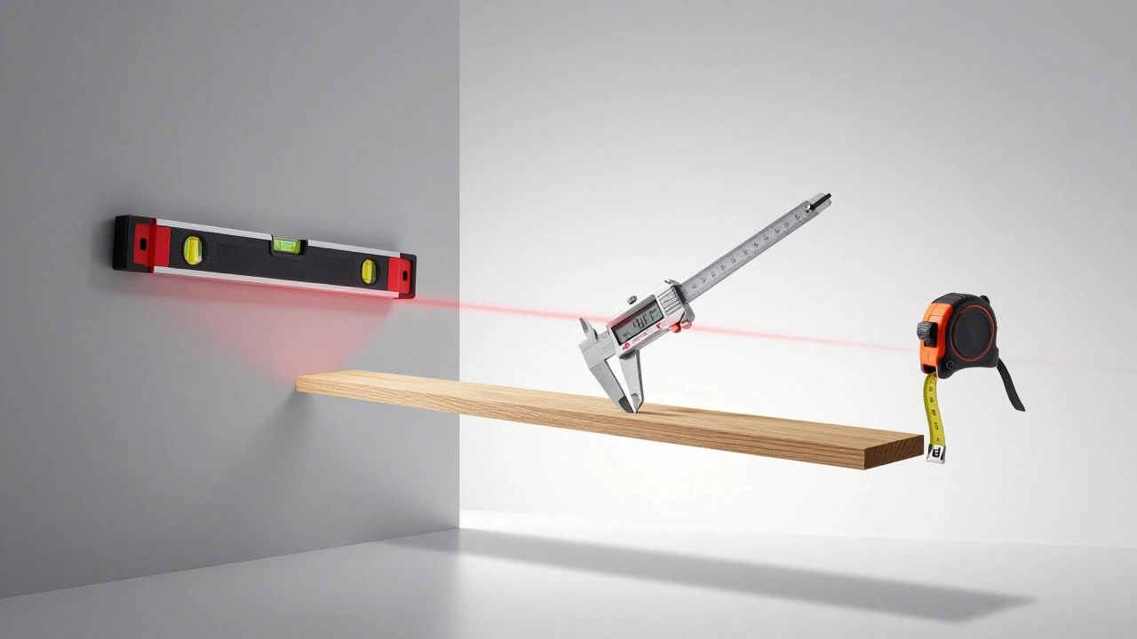 Лазерный уровень проецирует линию на стену, рядом — штангенциркуль и рулетка в воздухе.