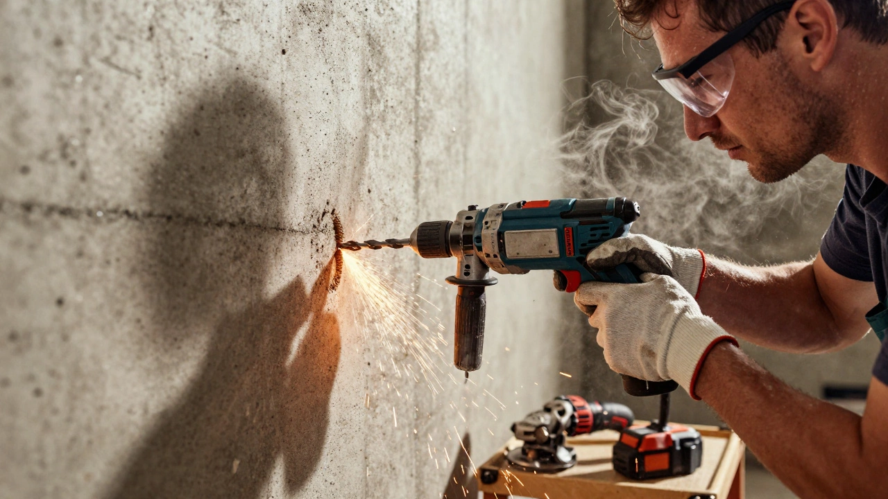 Профессионал сверлит бетонную стену перфоратором, летят искры, вокруг — пыль и инструменты.