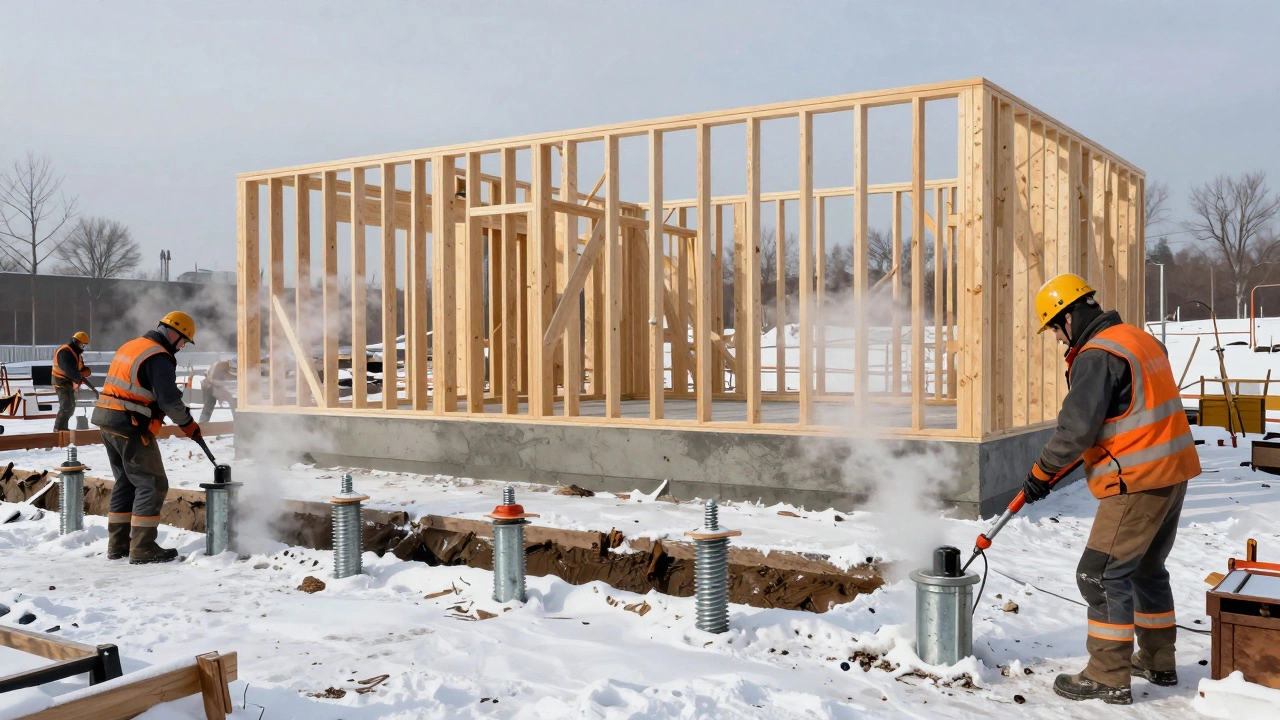 Рабочие устанавливают винтовые сваи на замерзшей земле, легкий каркасный дом над ними.