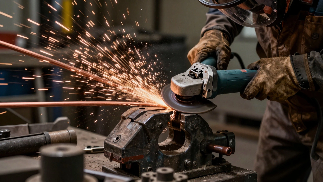 Рабочий резет медный кабель болгаркой, закрепленный в тисках, с искрами и пылью.