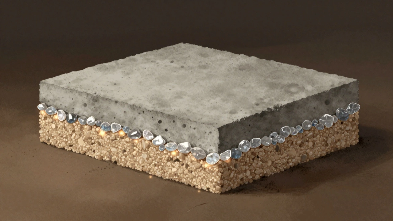 Разрез фундамента: хрупкий цемент внутри и прочная структура цементно-песчаного раствора.