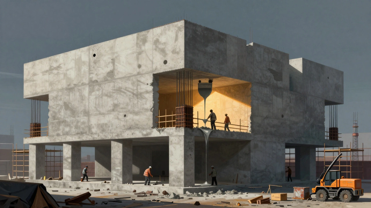 Разрез монолитного жилого дома с заливкой бетона, видны арматура и сплошные стены без швов.