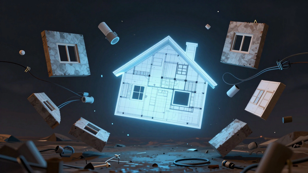 Разрозненные элементы дома в воздухе, а точный архитектурный план светится в центре.