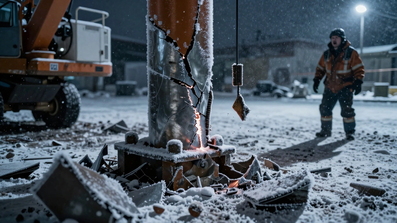 Разрушенная опора крана на морозе с видимой трещиной в сварном шве.