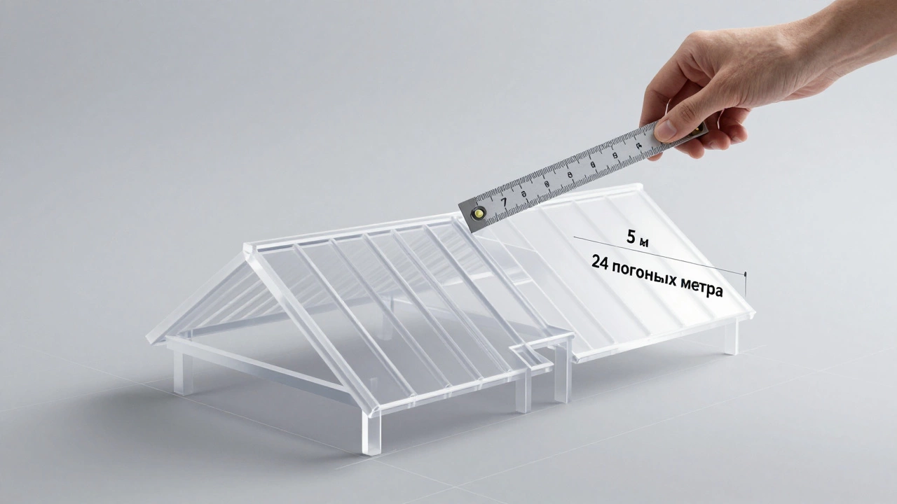 Рука держит линейку над 3D-моделью крыши с отметками погонных метров.