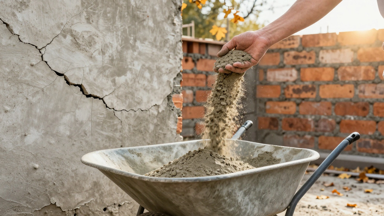 Рука засыпает чистый песок в цемент, на фоне — треснувшая стена и прочная кладка.