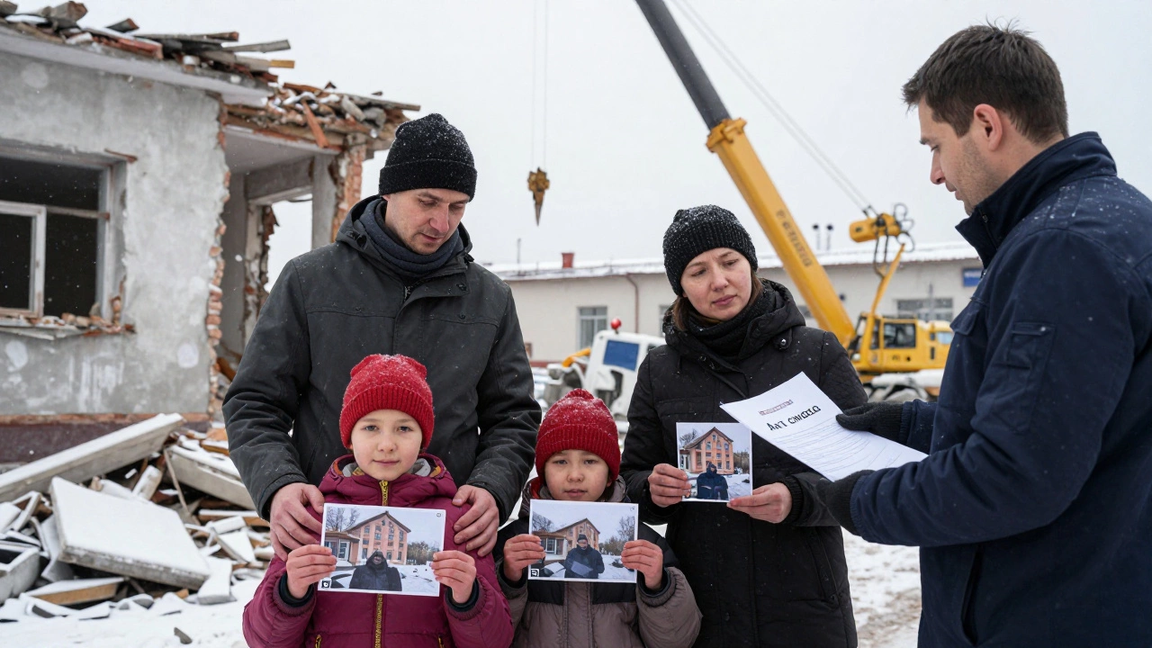Семья стоит перед снесённым домом, держа фото из Instagram, рядом — инспектор с документом о сносе.