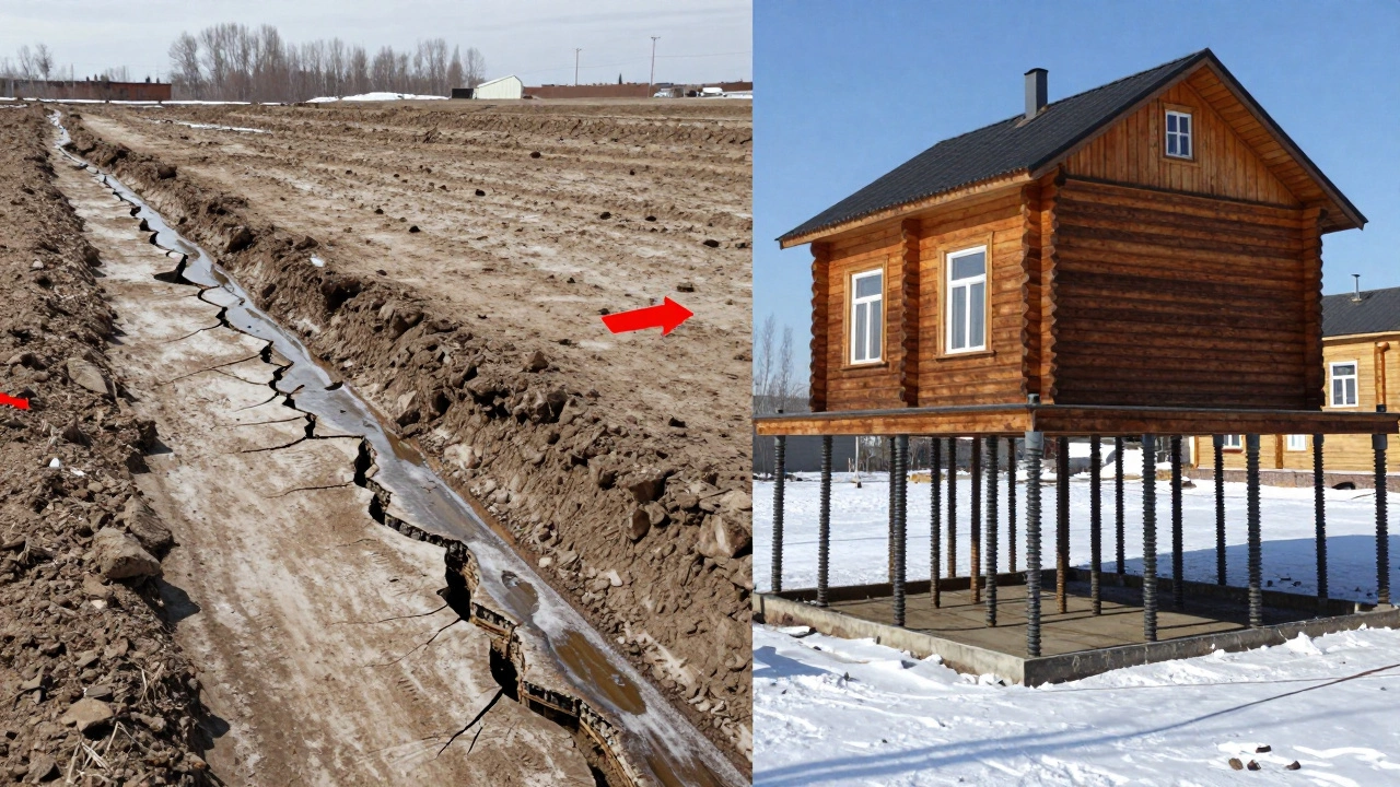 Сравнение: треснувший ленточный фундамент слева и целые винтовые сваи справа в зимнем ландшафте.