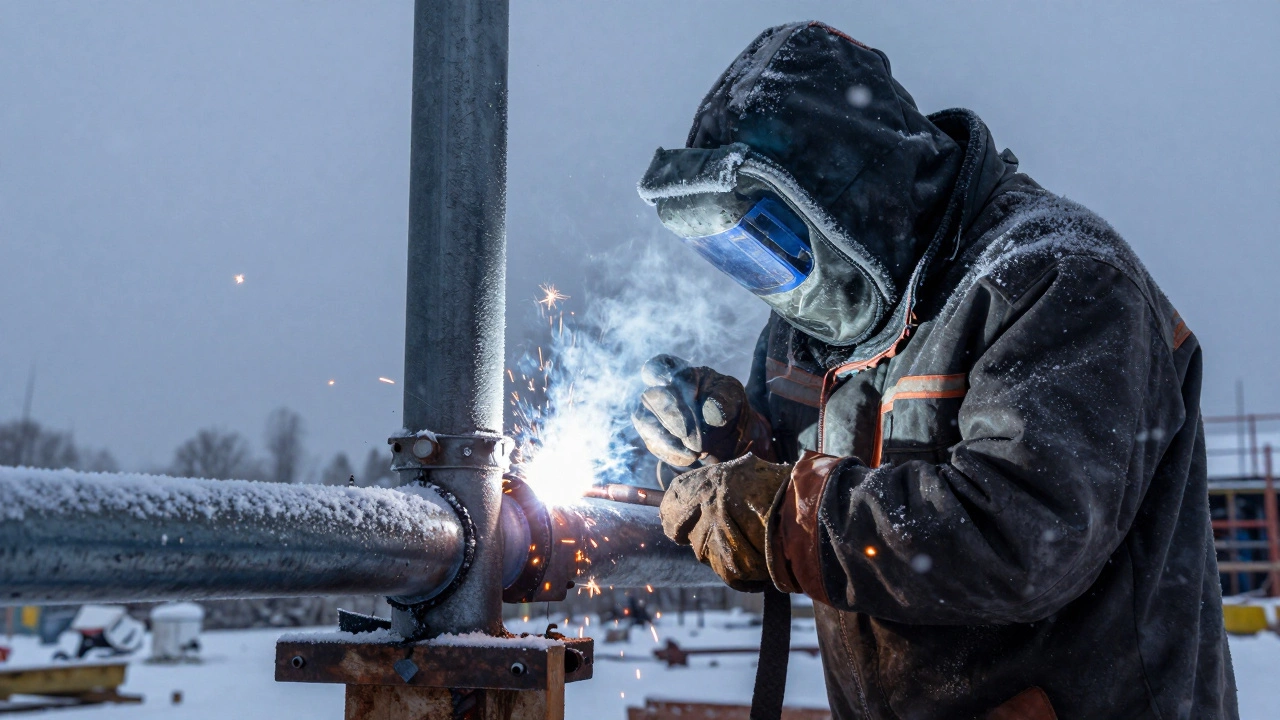 Сварщик на морозе защищает вертикальный шов от ветра, на фоне снег и иней, виден яркий электрический дуговой разряд.