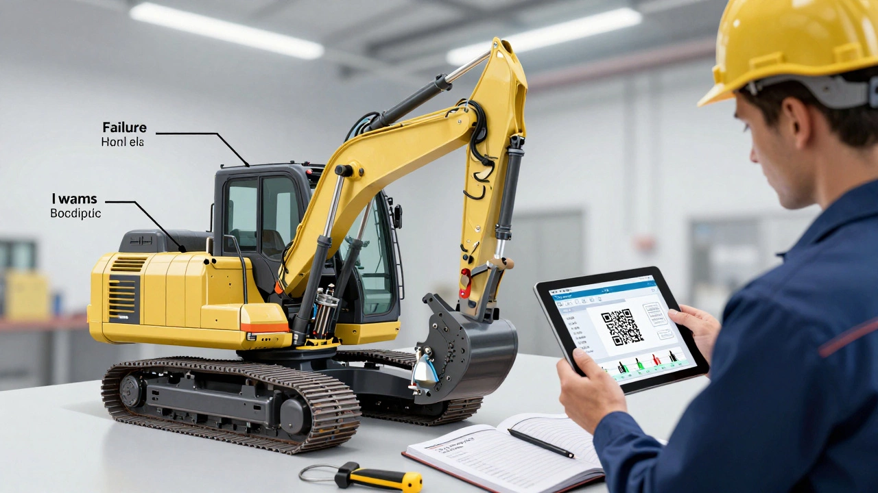 Технический разрез экскаватора с утечкой гидравлики и механик, проверяющий данные с датчиков на планшете.