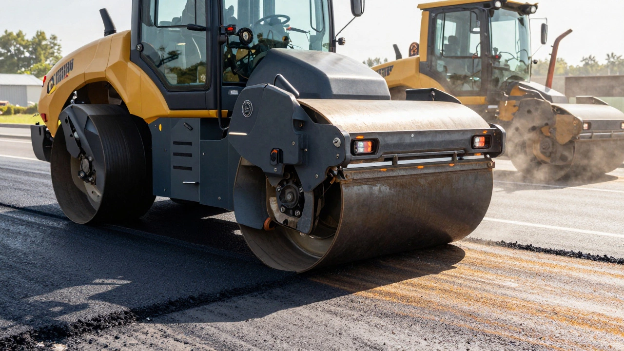 Асфальтоукладчик и вибрационный каток укладывают дорожное покрытие под солнечным светом.
