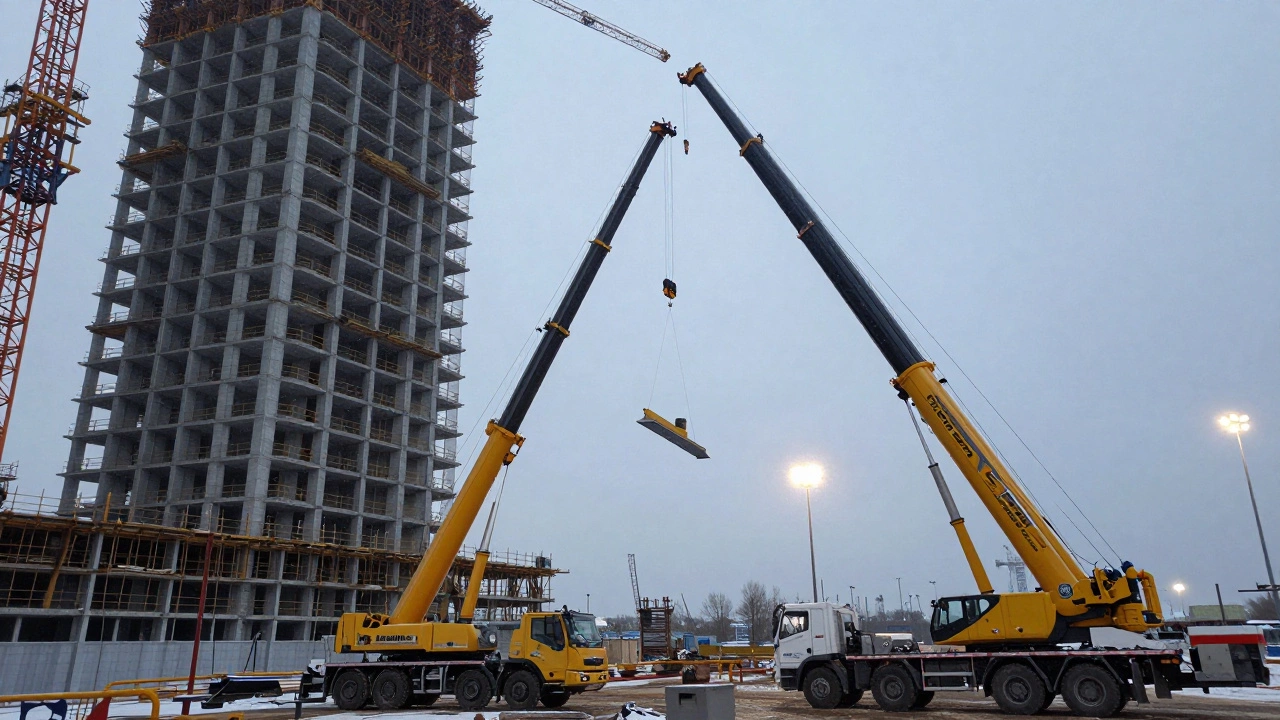 Башенный и стреловой краны поднимают стальные балки на высотное здание в Казани.
