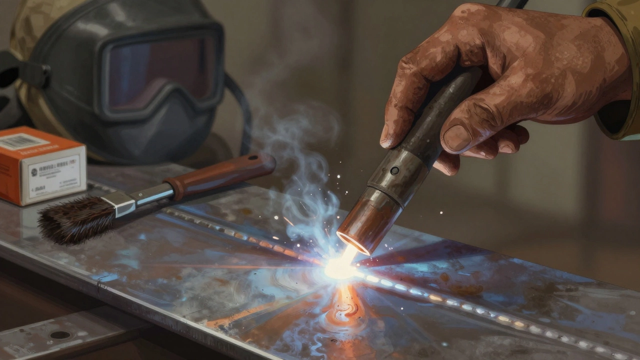 Близкий план рук, держащих электрод под углом 45 градусов, при сварке с ровным швом и искрами.