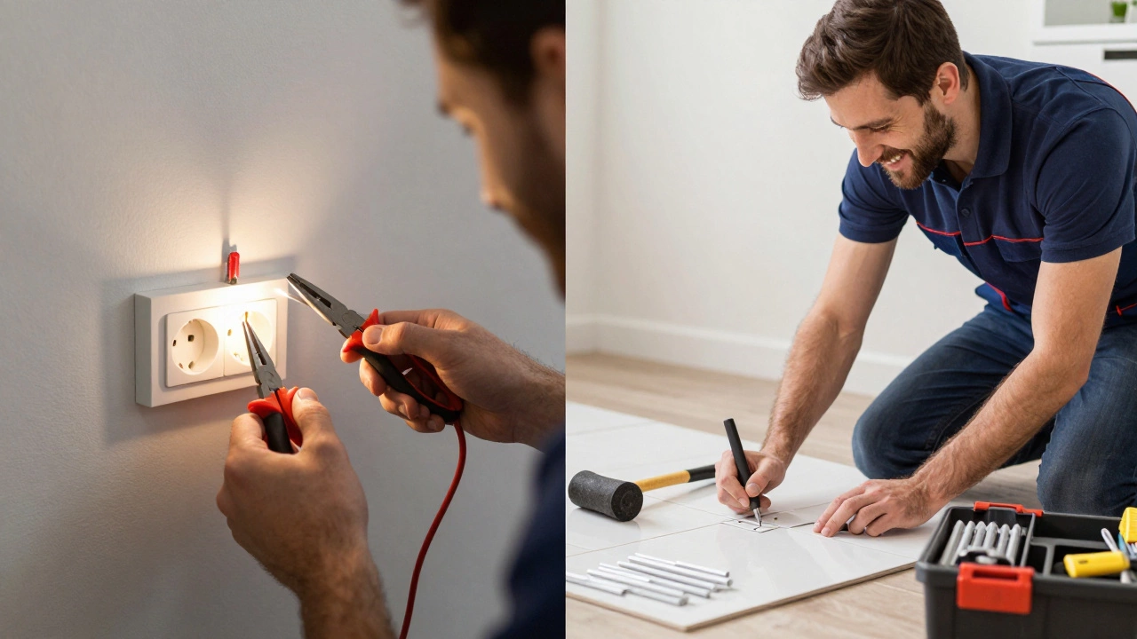 Человек заменяет розетку и кладет плитку — безопасно и уверенно, с правильными инструментами.