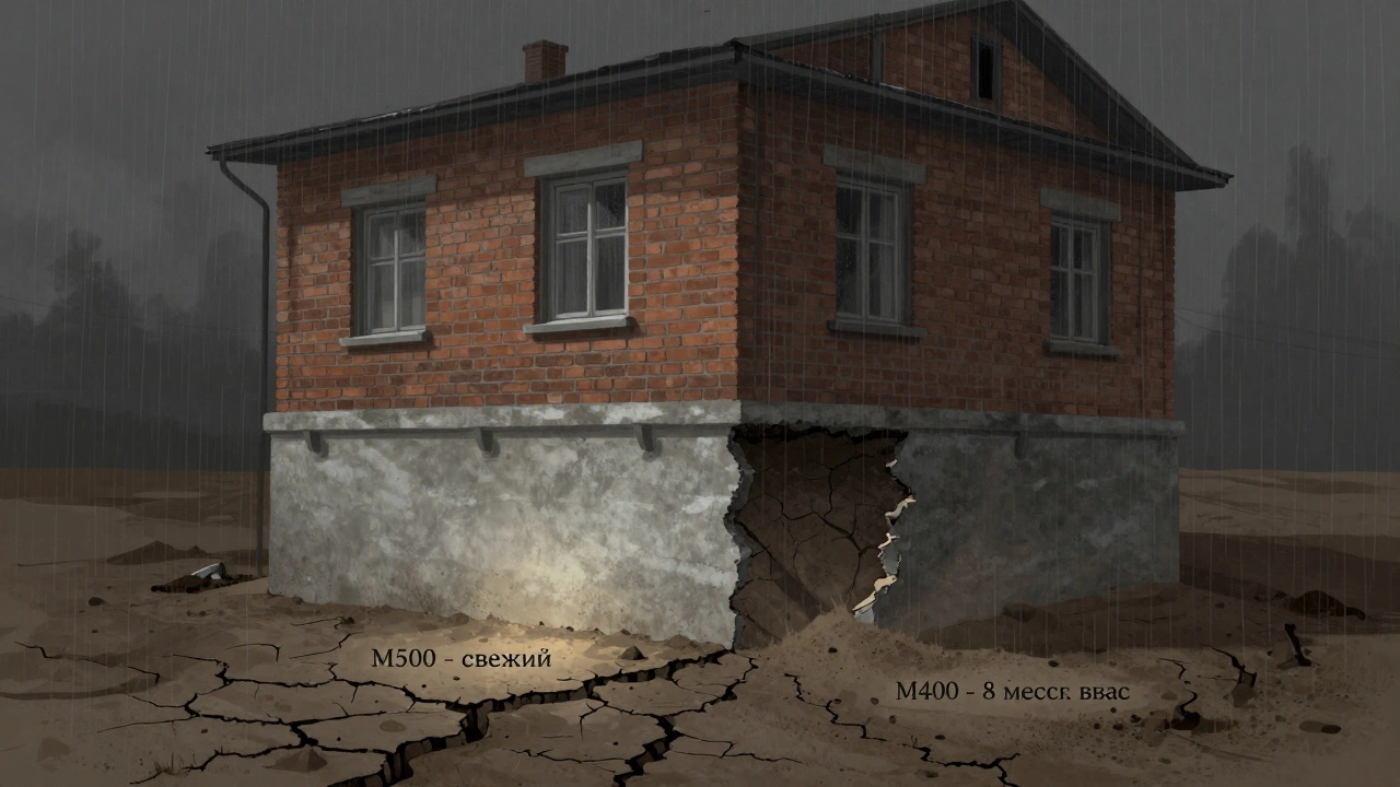 Дом с одной целой и одной разрушающейся частью фундамента, символизирующая выбор цемента.