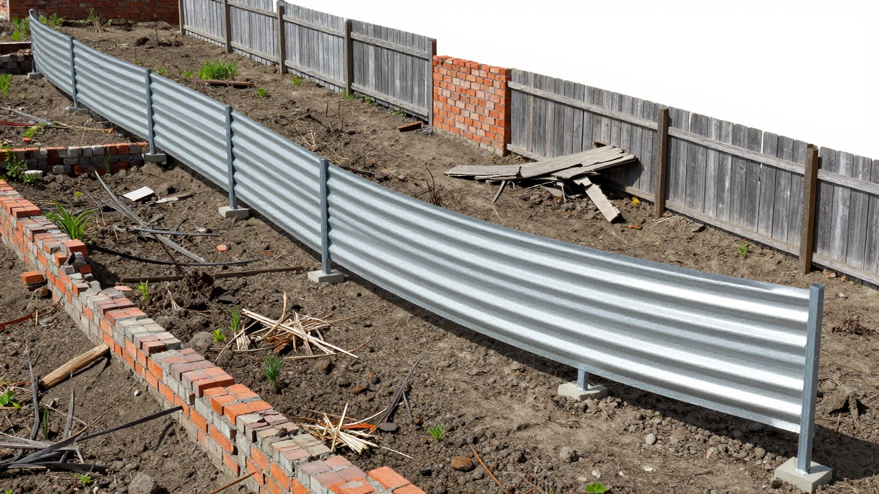 Гибкий забор из профнастила на склоне, в сравнении с треснувшими кирпичным и деревянным ограждениями.