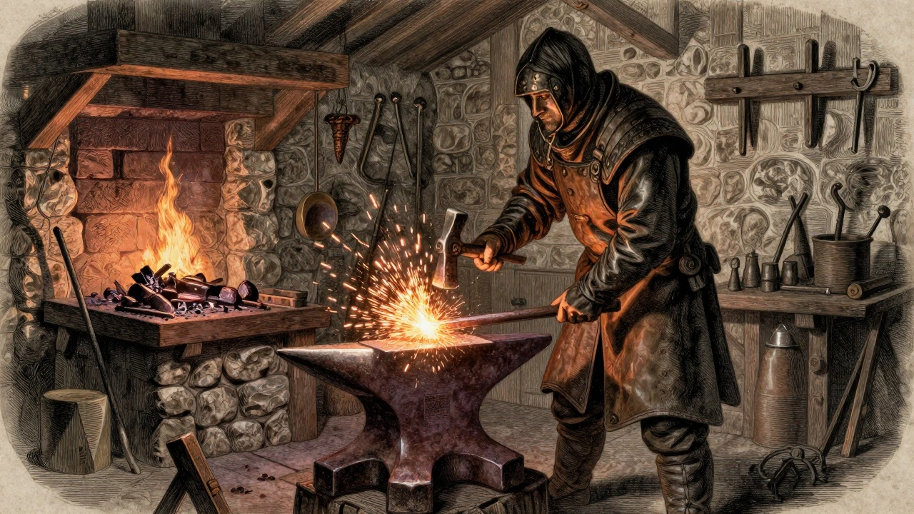 Кузнец ковит металл с помощью молотка в средневековой кузнице