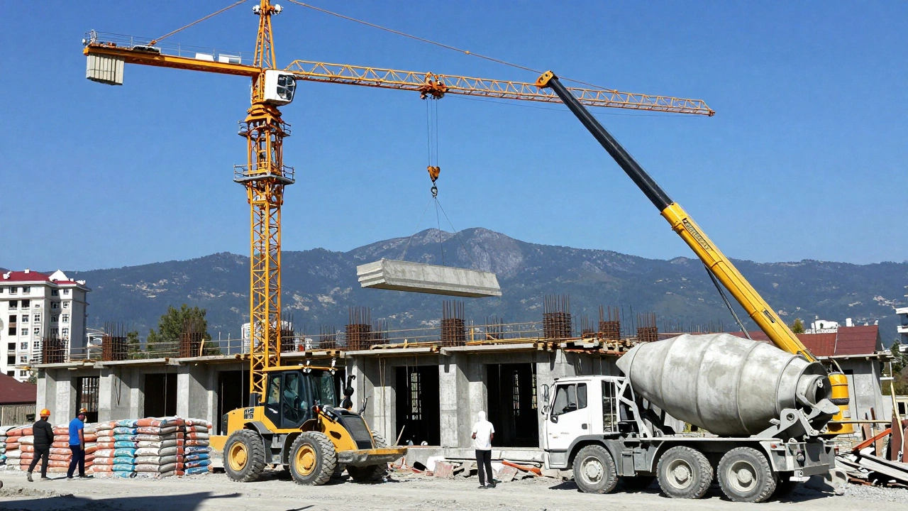 Мобильный кран поднимает железобетонную плиту над двухэтажным домом в Сочи.