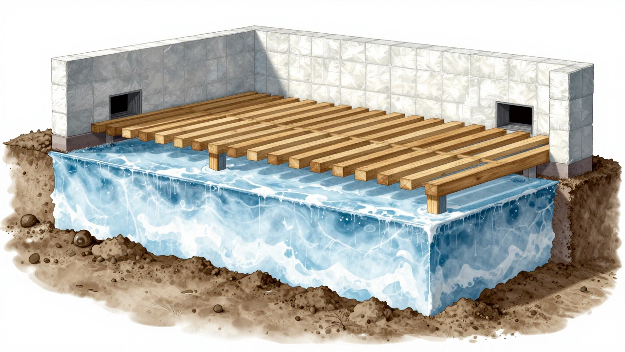 Разрез фундамента: основание ниже уровня промерзания, с вентиляцией под полом и сухими лагами.