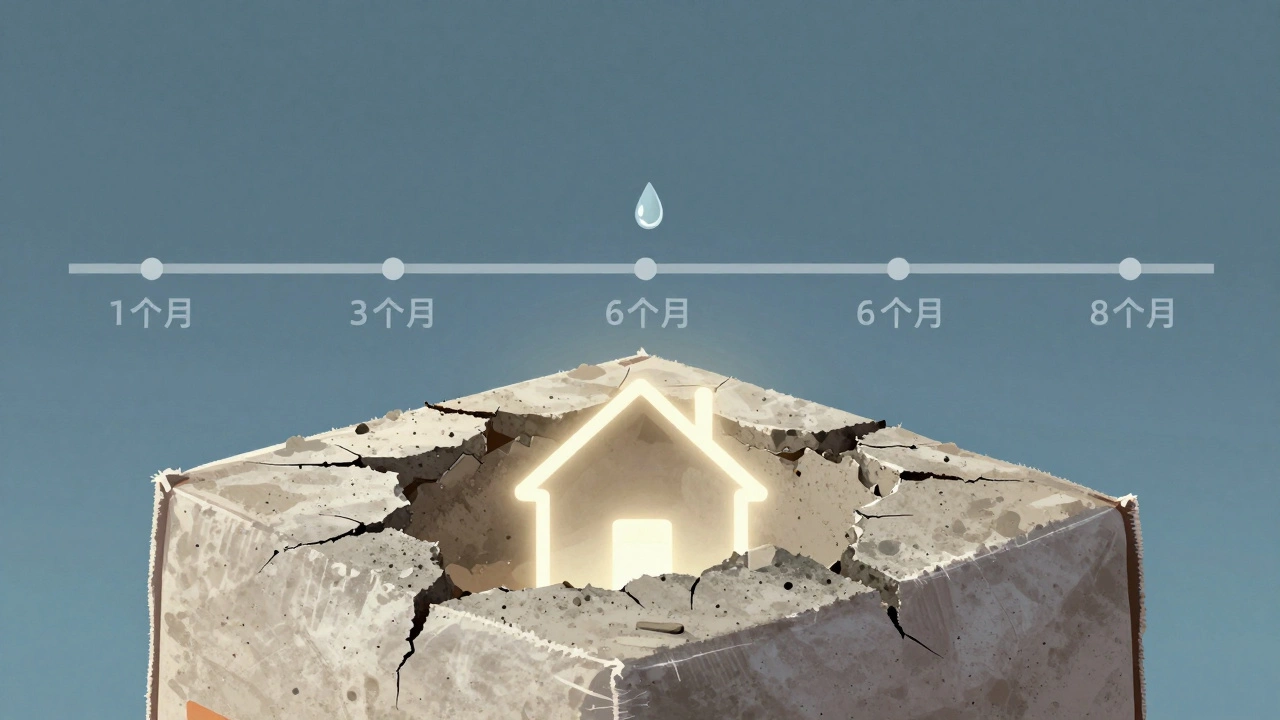 Разрез мешка цемента, внутри которого видна структура дома, с графиком потери прочности со временем.