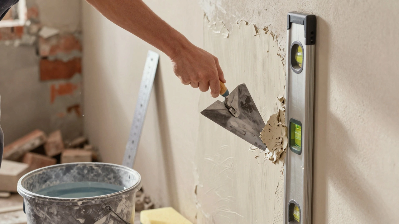 Рука разравнивает штукатурку на стене с помощью шпателя и правила, рядом ведро и губка.