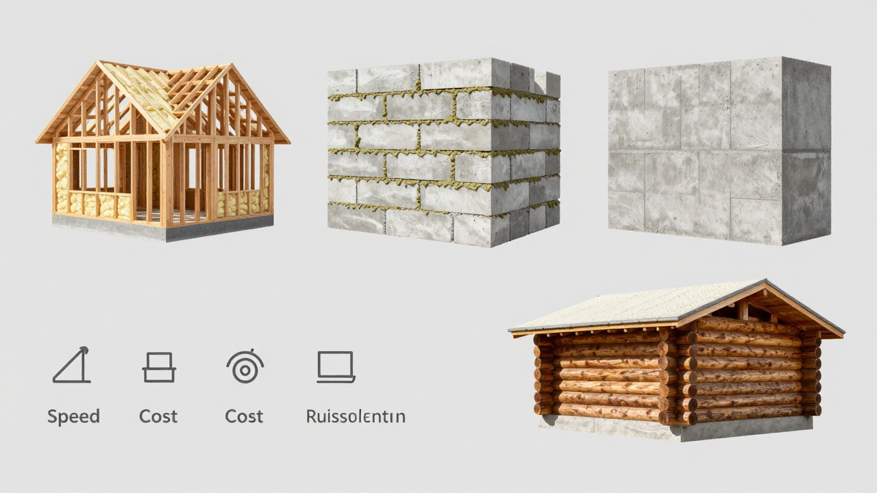 Сравнение четырёх типов строительства домов в России: каркасный, блочный, монолитный и деревянный, в одном визуальном формате.