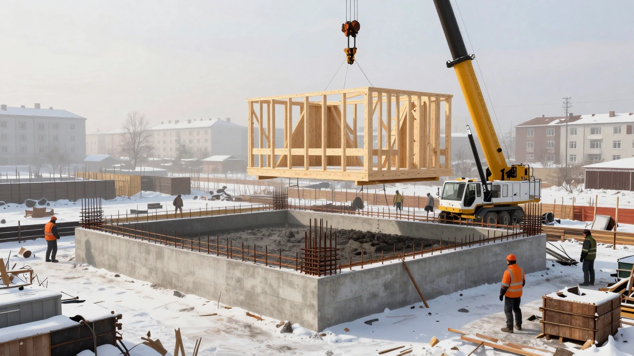 Строительная площадка в Казани: монолитный фундамент и каркасный верхний этаж, собираемые одновременно под зимним небом.