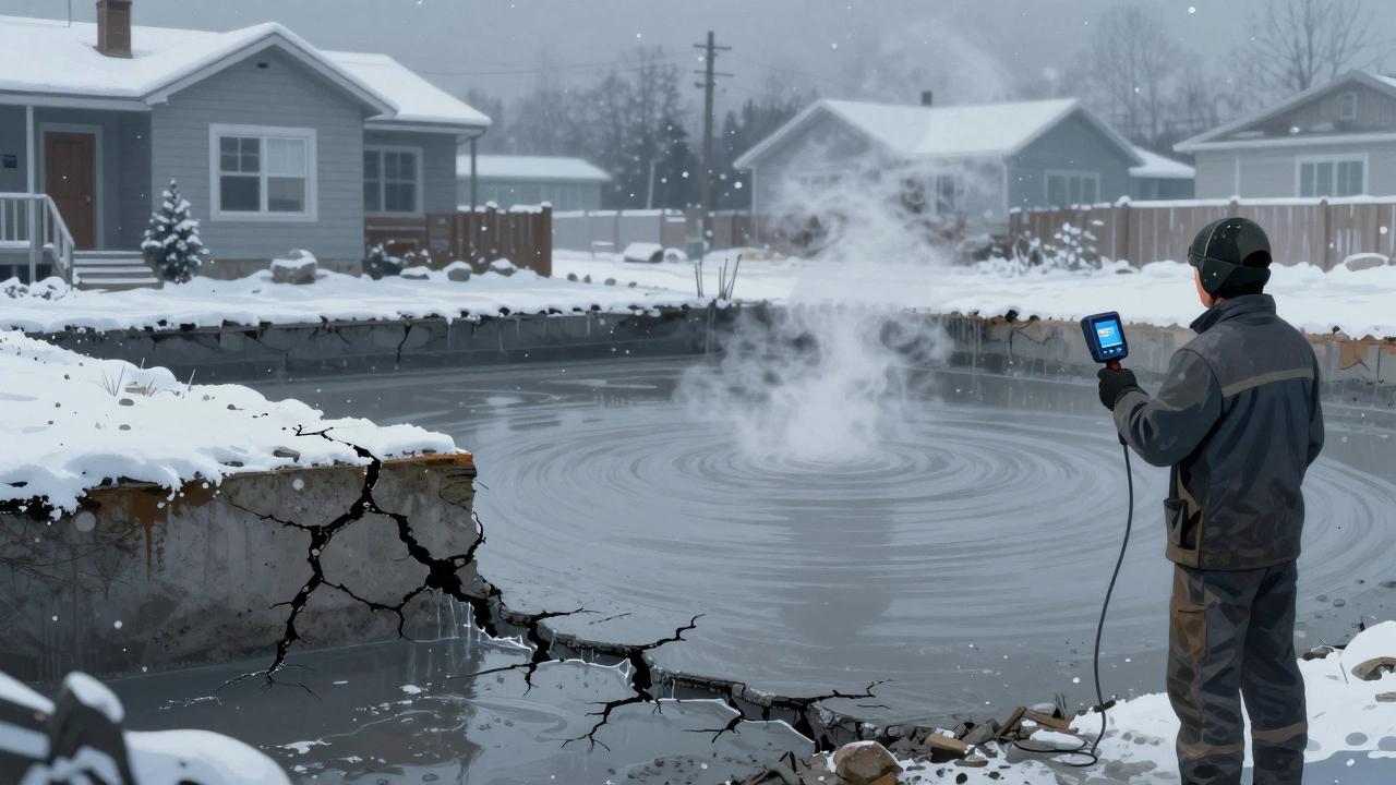 Трещины в старом фундаменте с подтёками воды рядом с целым новым фундаментом из портландцемента под снежным небом.