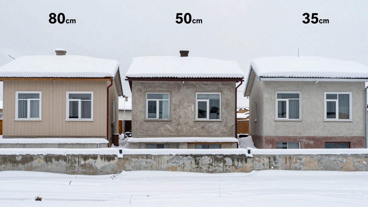 Три дома в разных регионах России с цоколем разной высоты, соответствующей климату: Сибирь, Центр и Юг.