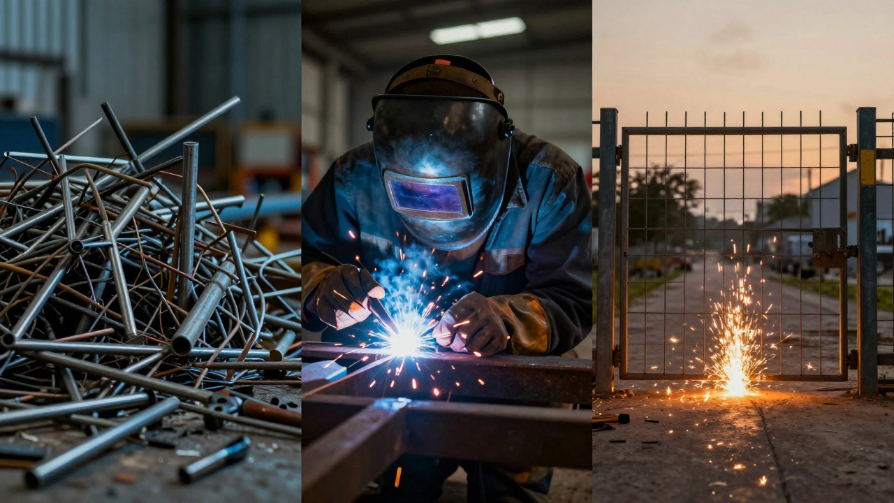 Три этапа пути новичка: беспорядок, сварка и готовая конструкция, соединенные искрами.