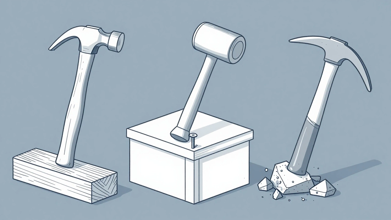 Три типа молотков: клешневый, киянка и кирка в работе