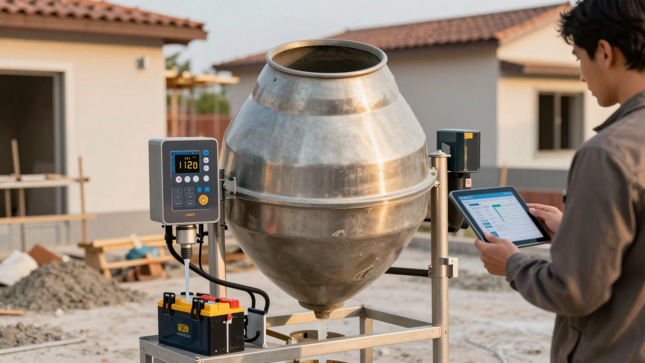 Автоматизированная бетономешалка с дозаторами работает от автомобильной батареи.