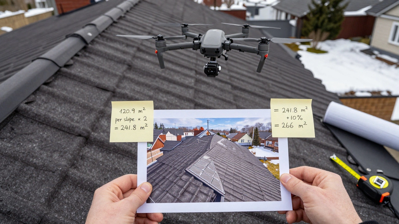 Дрон снимает крышу с воздуха, а на распечатке вручную нанесены линии скатов и расчёты площади с запасом 10%.