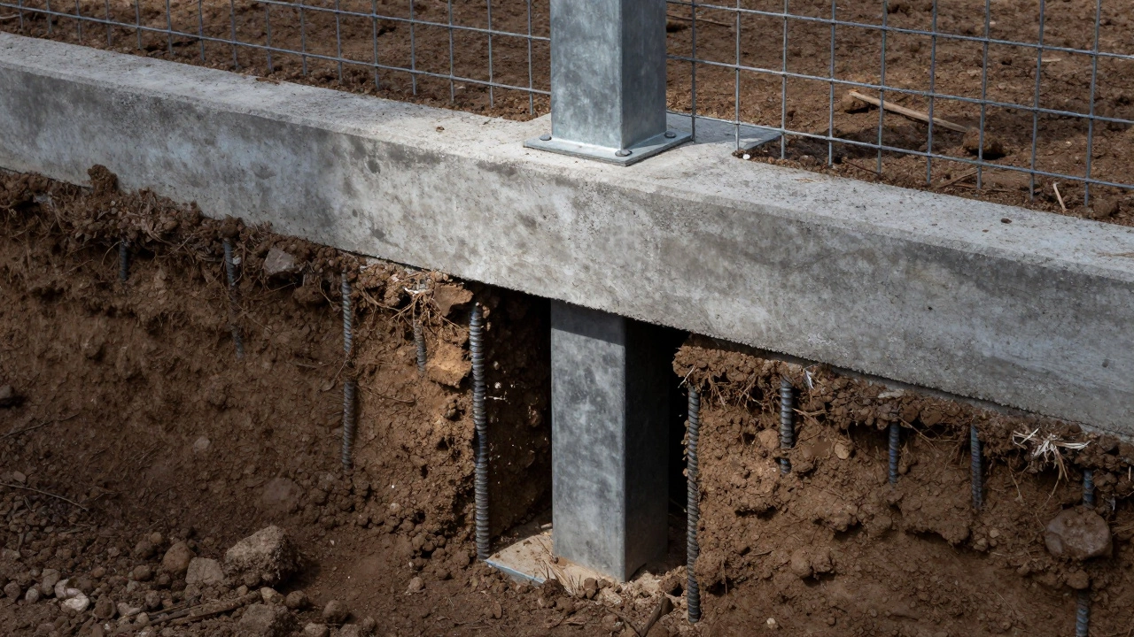 Глубокий бетонный фундамент с арматурой для устойчивости столба.