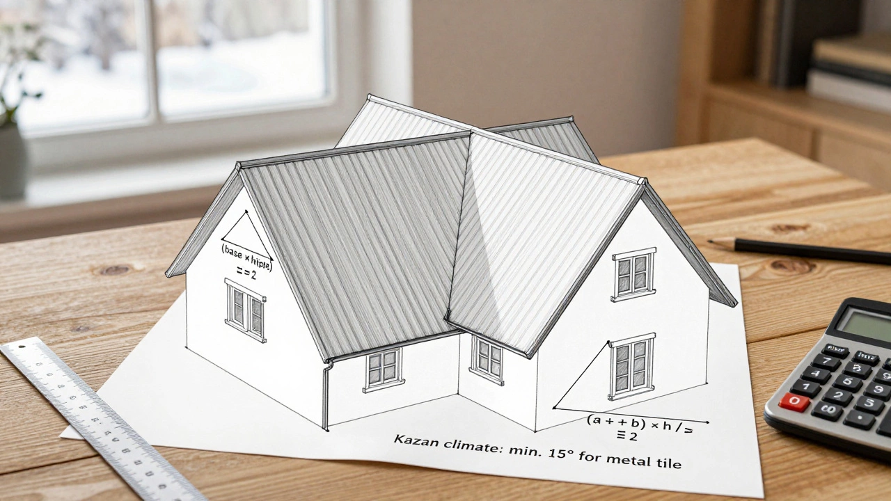Иллюстрация вальмовой крыши, разбитой на треугольники и трапеции с формулами расчёта площади на чертеже.