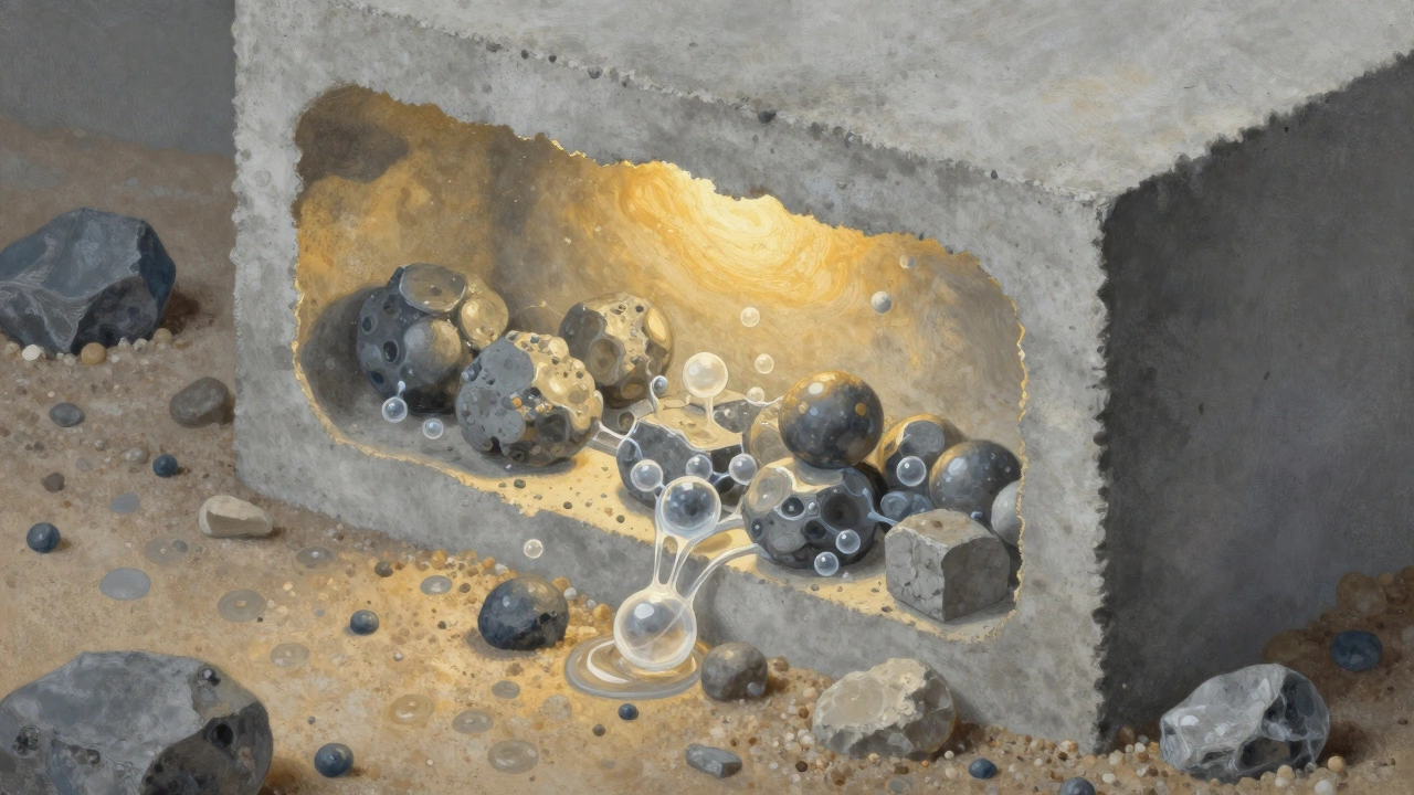 Микроскопический разрез бетона: кристаллы гидратации образуются вокруг песка и щебня, свет подчеркивает процесс затвердевания.