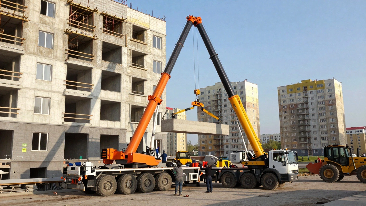 Мобильный кран поднимает балку на трехэтажный жилой дом в Татарстане.
