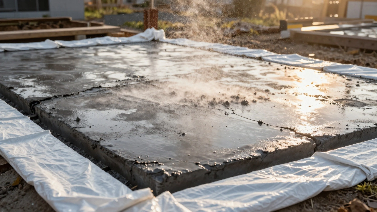 Полив свежего фундамента водой и укрытие утеплителем для сушки.