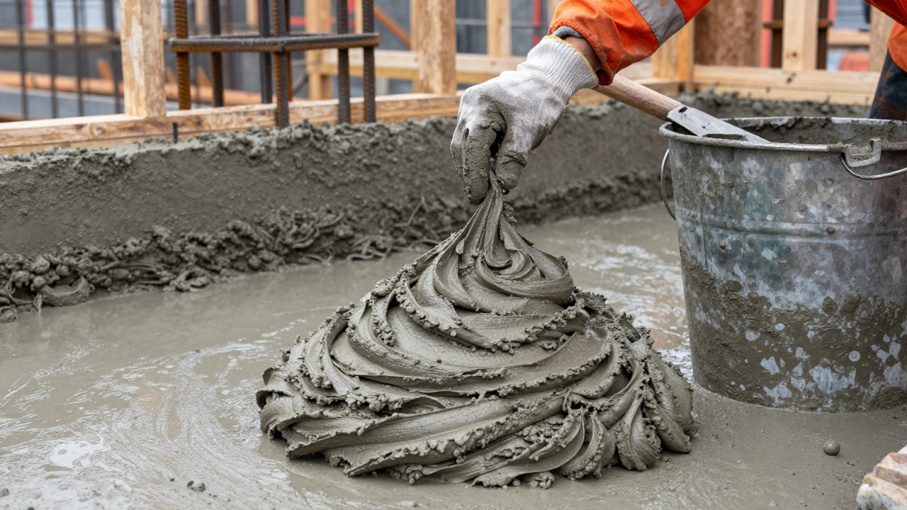 Проверка консистенции бетонной смеси рукой на строительной площадке