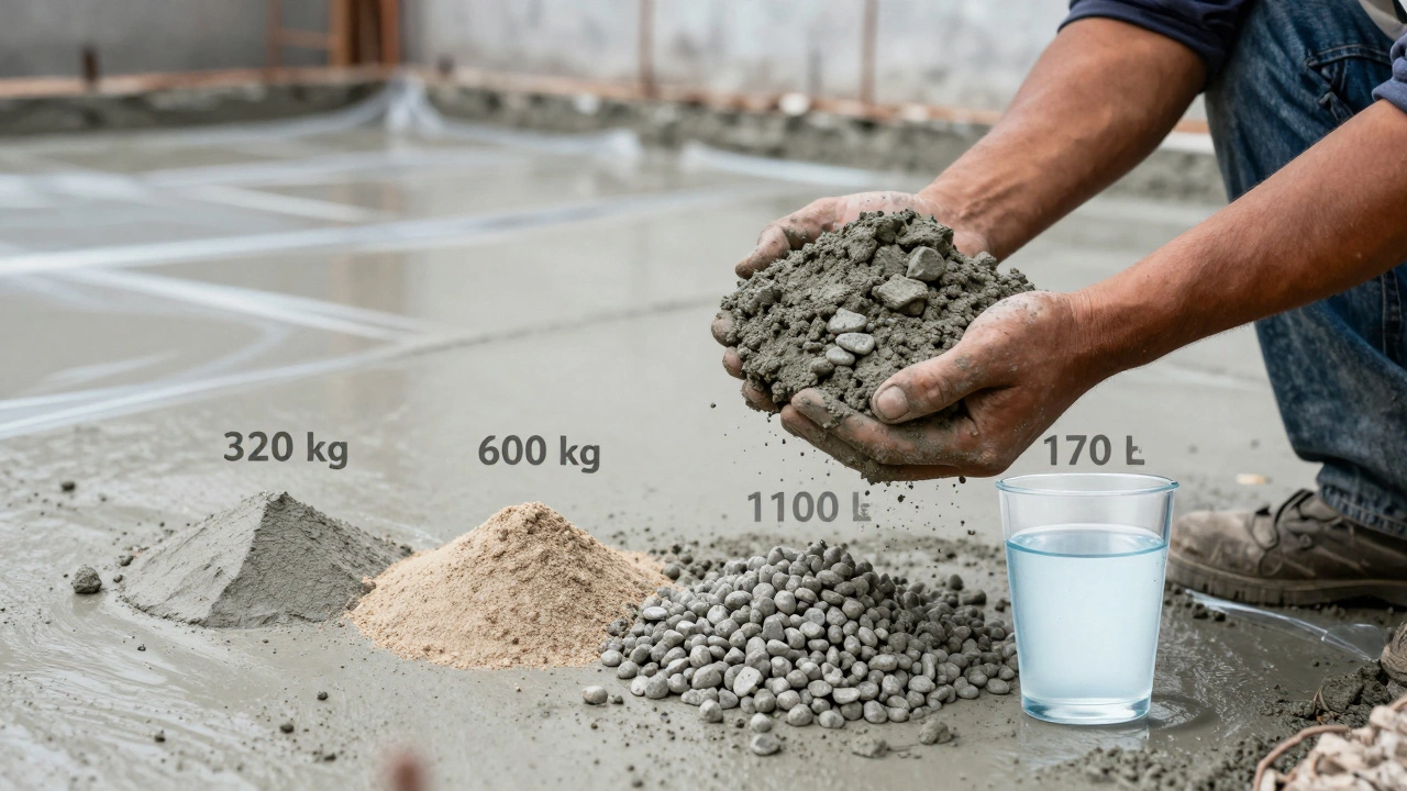 Рабочий держит горсть готового бетона, в фоне — залитый фундамент, рядом прозрачные обозначения компонентов смеси: цемент, песок, щебень, вода.