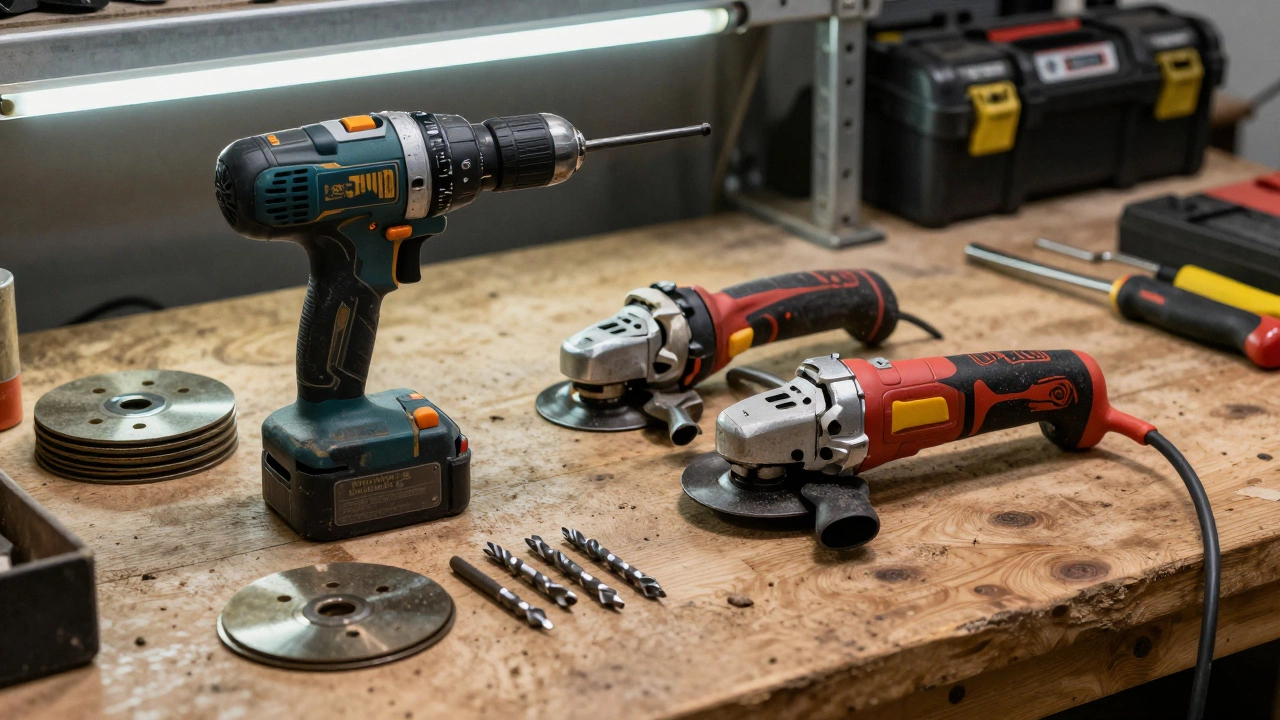 Рабочий стол с перфоратором, болгаркой и дрелью на фоне ящиков с инструментами.