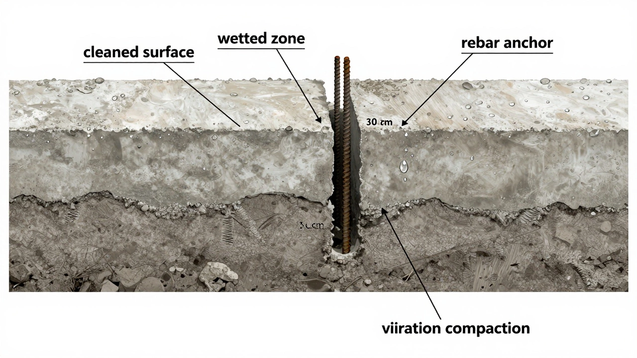 Разрез фундамента с правильным холодным швом: шероховатая поверхность, арматурные стержни и увлажнение перед заливкой.