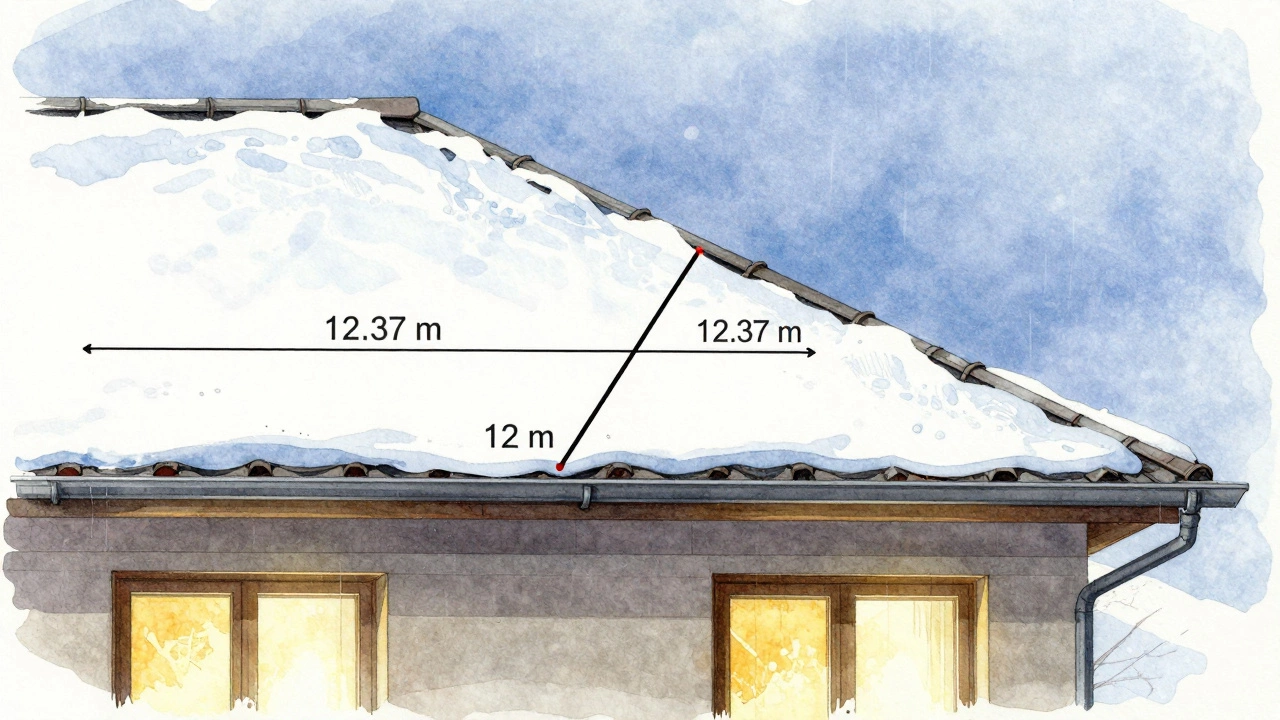 Разрез односкатной крыши с треугольником, показывающим расчет длины ската по теореме Пифагора.