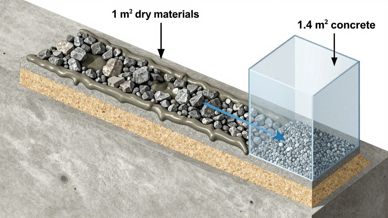 Схематичный разрез бетонной смеси, показывающий заполнение пустот цементным молоком между щебнем и песком, с обозначением объемов до и после уплотнения.