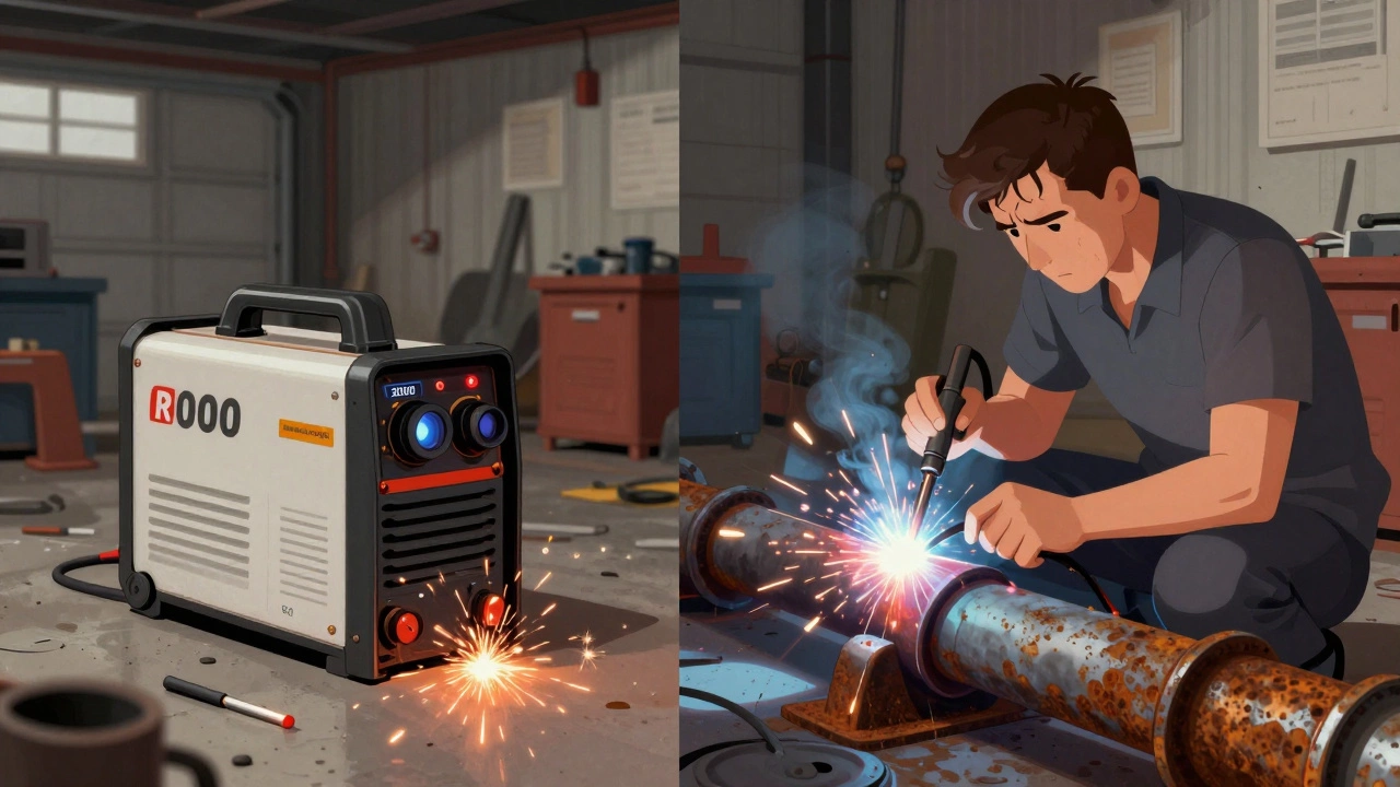 Сравнение дешёвого и надёжного сварочного аппарата: один нестабильный и перегревается, другой создаёт чистый шов на ржавом металле.