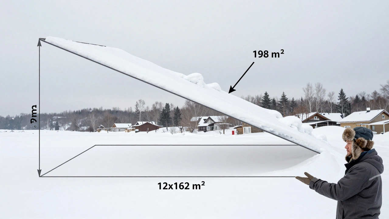Сравнение плоской площади дома и наклонной площади крыши под снежным покровом в зимнем Казани.