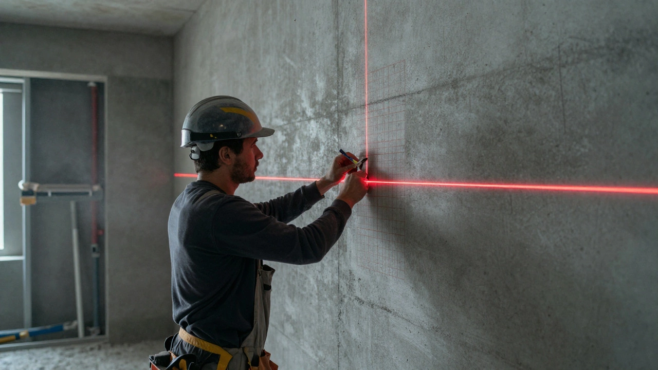 Строитель наносит разметку с помощью лазерного уровня на бетонной стене.