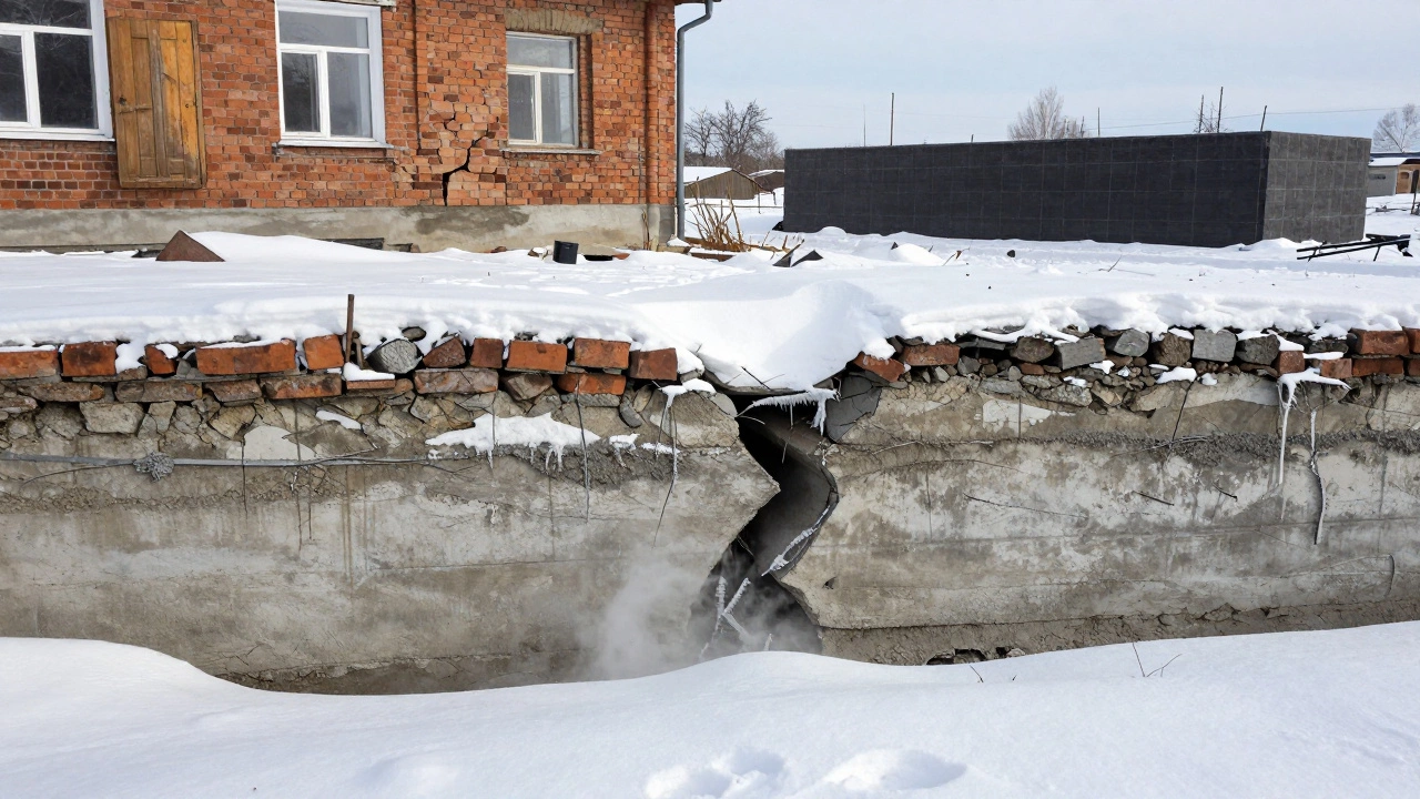 Трещина в фундаменте на фоне зимнего дома с перекошенными окнами, символизирующая последствия нарушения технологии.