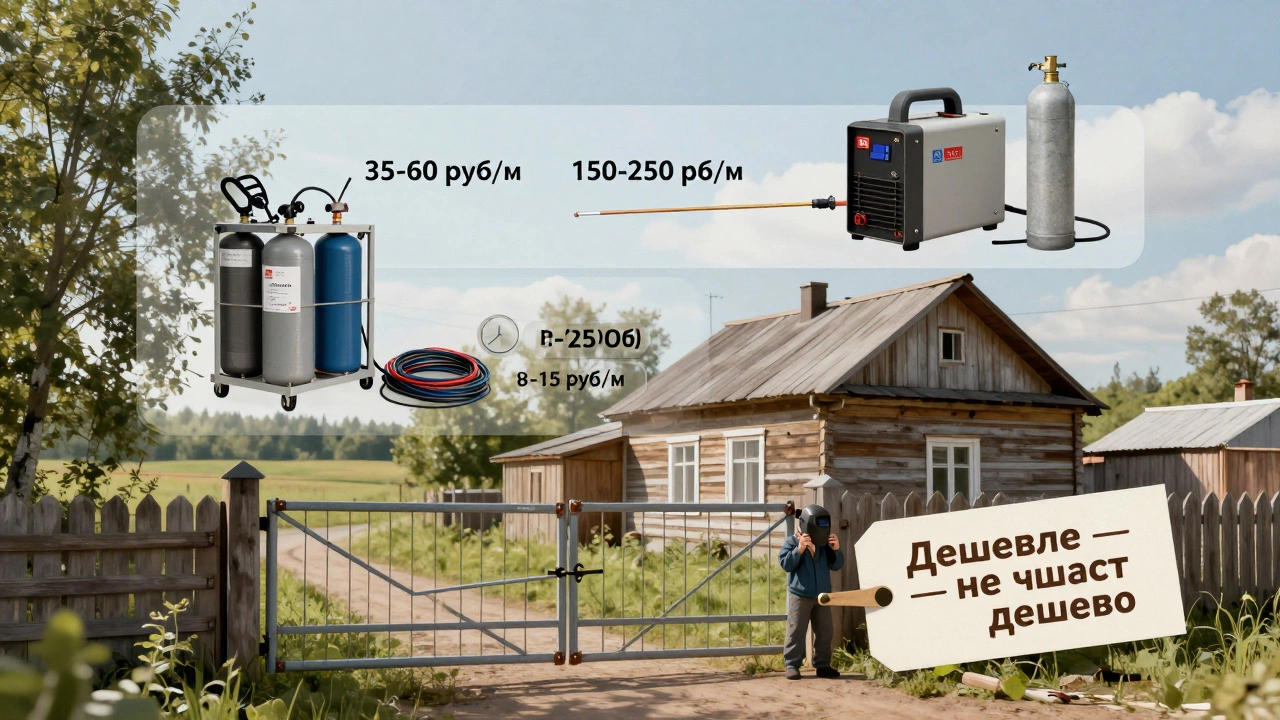 Три слоя сварочных методов — дуга, MIG и TIG — на фоне русской деревенской избы, с ценами и надписью о реальной экономии.